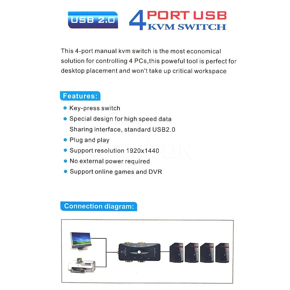 Kebidu Портативный USB KVM 4 порта Селектор VGA печать Авто переключатель монитор