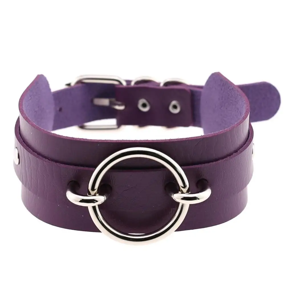 Silver Purple Панк большой круглый кожаный чокер для женщин Связывание чокер ожерелье готическое Колье Широкий серебряный цвет массивные ожерелья Макси ювелирные изделия - Окраска металла: Silver Purple