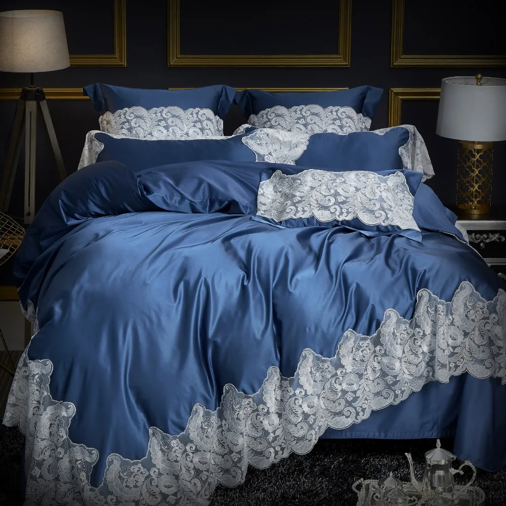 Luxury Solid Blue 120S Egyptian cotton Bedding set Queen King Noble Lace Royal Duvet cover Bed sheet Pillowcase 4/6pc Europe | Дом и сад