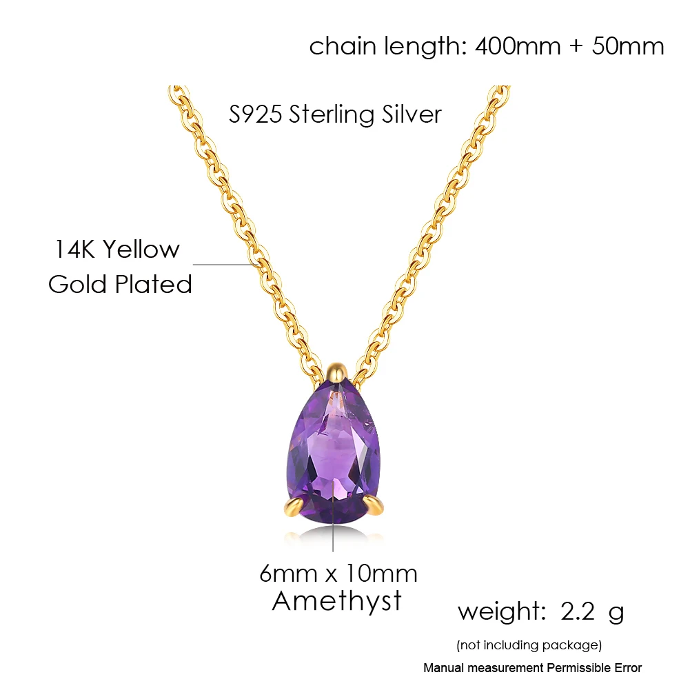 LAMOON 100% Natural Amethyst Pendant Necklace For Women Water Drop S925 Silver Yellow Gold Plated Fine Jewelry Gift LMNI072 | Украшения и