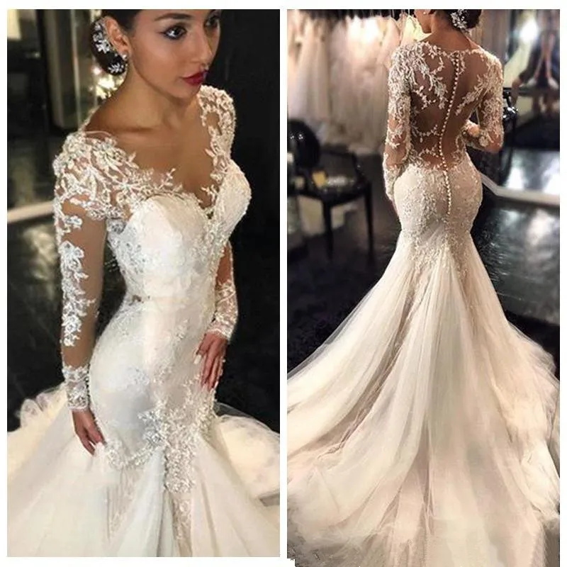 

Прозрачная Vestido De Noiva мусульманское свадебное платье Русалка Тюль с длинным рукавом Одежда с кружевами и жемчугом свадебное платье в богемн...