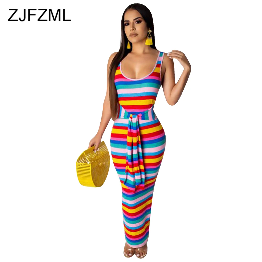 

Rainbow Striped Sexy Bohemian Long Dress Women Scoop Neck Sleeveless Bandage Maxi Dress Summer High Waist Tie Up Party Vestidos