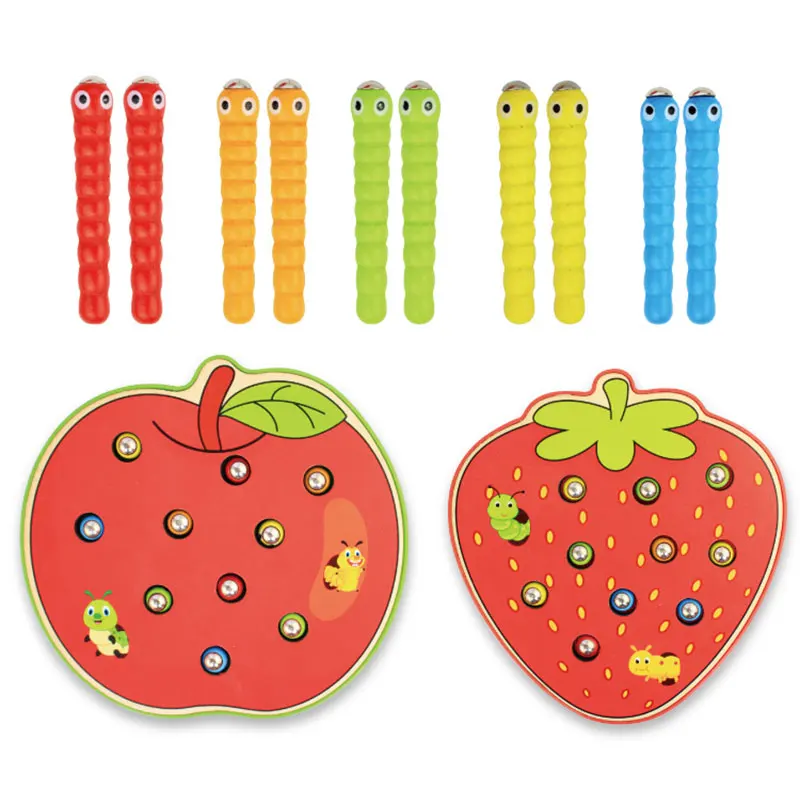 

Wooden Toys Baby Strawberry Shape Magnetic Catch the Worm Game Early Learning Educational Toddler Toy For Children YF1164H