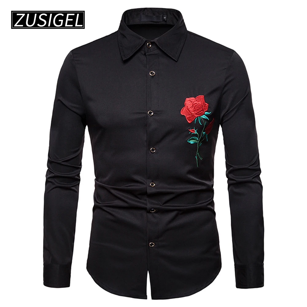 ZUSIGEL мужские рубашки Slim fit корт стиль Роза вышивка сплошной длинный рукав кнопка