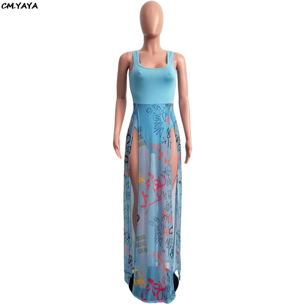 2019 women new summer letter print mesh see though patchwork side split tank beach maxi dress sexy party dresses 2color GLQM3783 | Женская