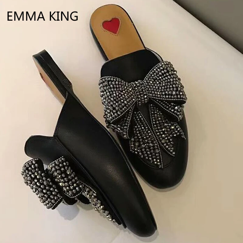 Летние бант с кристаллами летние туфли на плоской подошве женские круглый носок