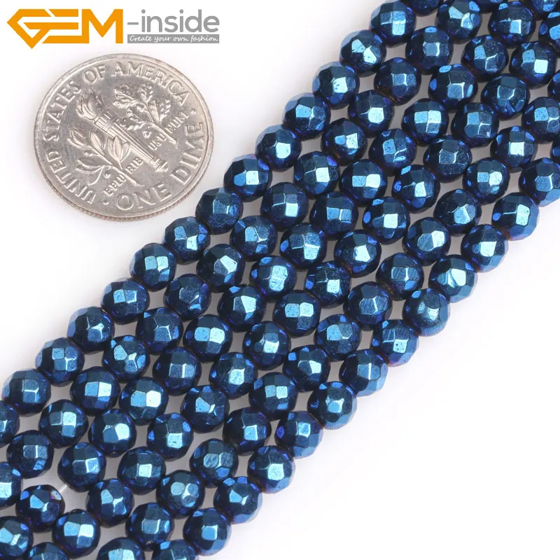 

Gem-inside 4mm-10mm Blue Metallic Coated Faceted Round Magnetic Hematite Beads For Jewelry Making Strand 15"