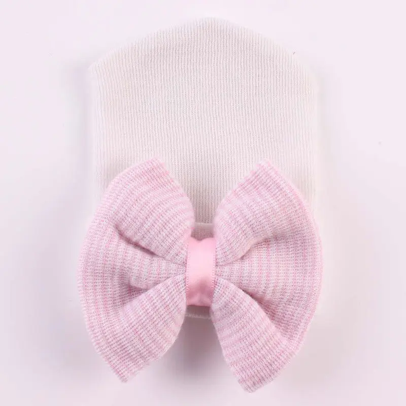 Шапка-бини для новорожденных 0-6 месяцев с цветными полосками и бантом | Детская