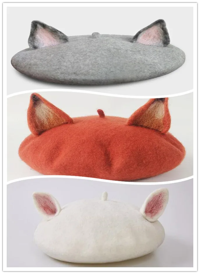 100% женский беретик ручной работы шапка с кошачьими ушками красивая