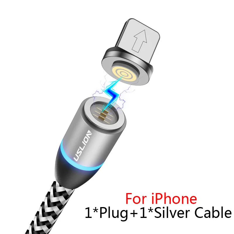 Silver For iPhone USLION 3а Магнитный кабель Micro usb type C кабель зарядное устройство для iPhone XS X 8 7 для samsung huawei type-c Магнитный кабель для быстрой зарядки - Цвет: Silver For iPhone