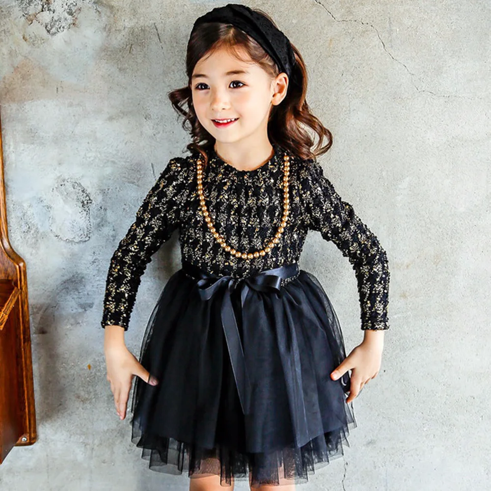 2019 Autumn New Korean Version of The Cute Girls Solid Bow Graceful Princess Full Length Sleeve Mesh Patchwork Ball Gown Dresses | Детская