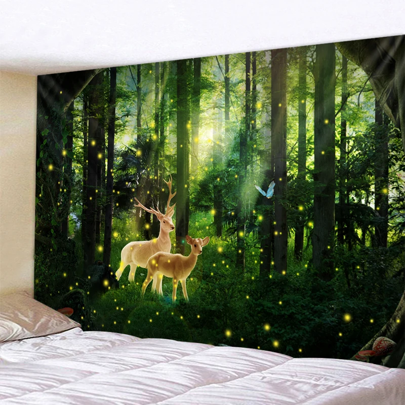 

Plus Size Large Wall Tapestry Dreamy Woods Elk Tree Hole Hippie Psychedelic Tapestry Wall Hanging Couch Blanket Home Decor