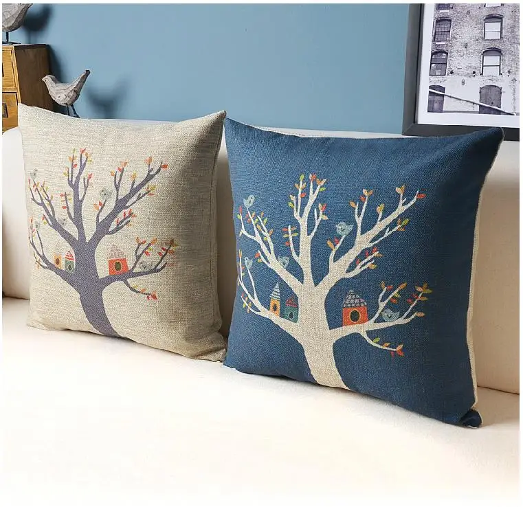 Милая подушка из хлопка с мультипликационным принтом птичка а дерево дом для