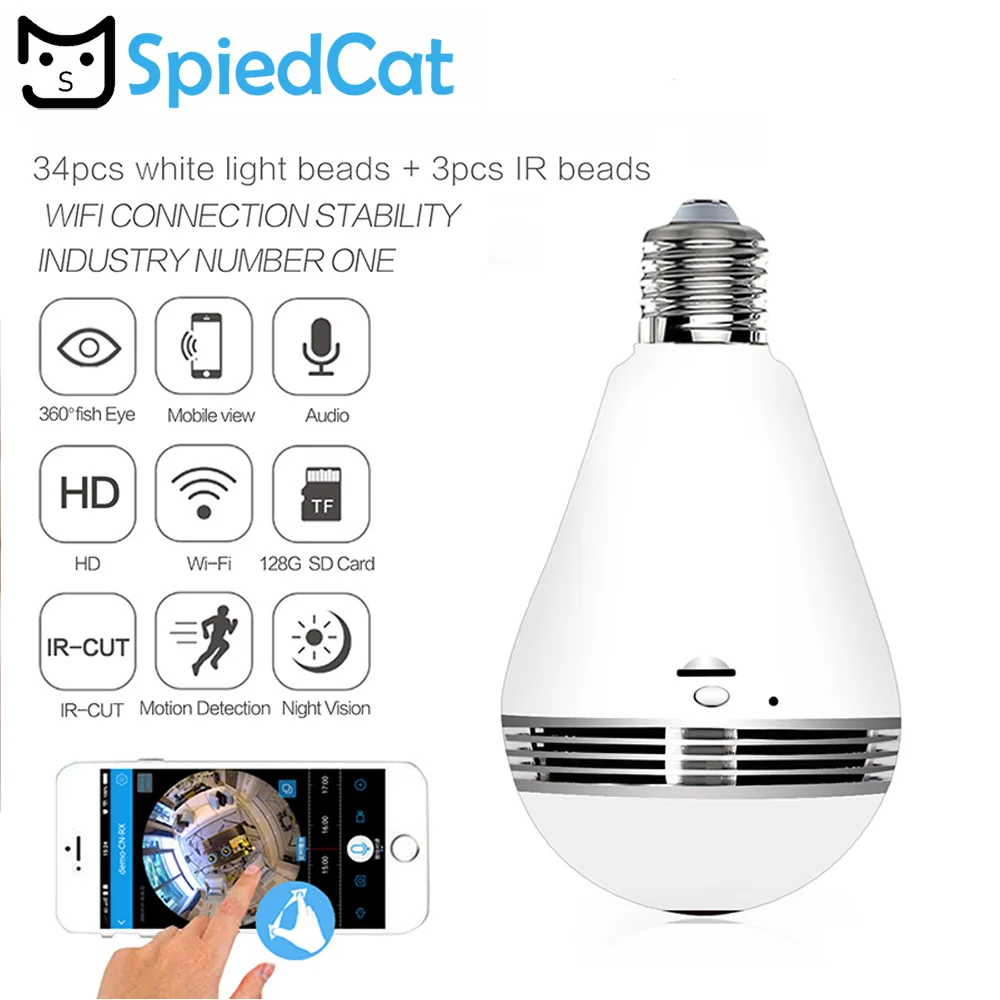 WiFi лампа мини камера IP домашняя панорамная микро рыбий глаз 360 градусов 960 P HD