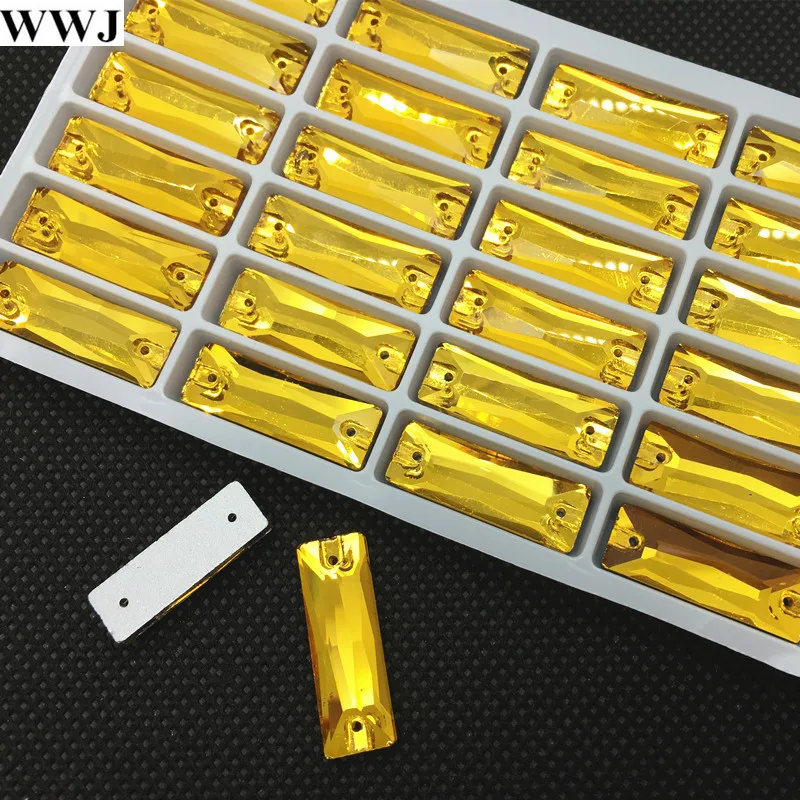 

7x21mm 24pcs Cosmic Baguette Sew On Glass Crystal Stones glod yellow Color Rectangle Sewing Crystal Long Sewing Beads