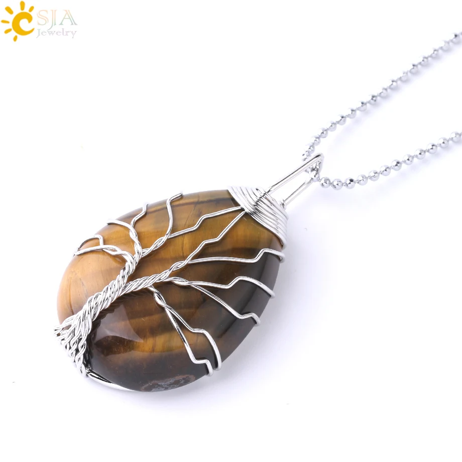 Tiger Eye Chain B CSJA Дерево жизни ожерелье натуральный камень кулон золотой цвет проволока обертывание драгоценный камень розовый с кварцевым тигровым глазом зеленый авантюрин подвеска E585 - Окраска металла: Tiger Eye Chain B