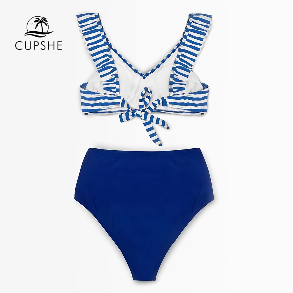 CUPSHE/женские комплекты бикини в синюю полоску с оборками и высокой талией