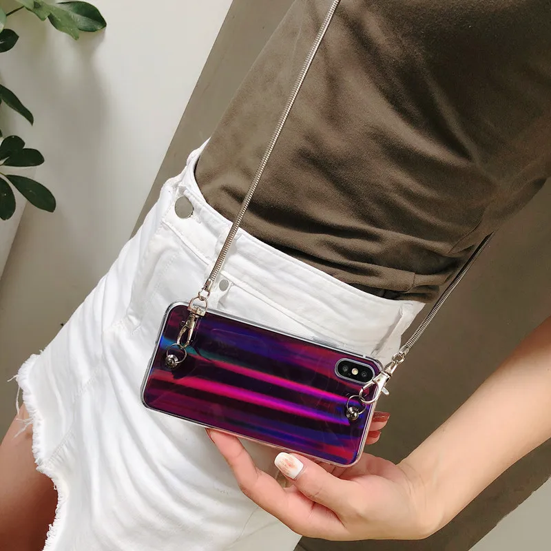 Netarlier Fashion Aurora Phone Case For iphone 6 6S 6Plus 7 8Plus IX XR Xs Max Laser TPU Soft Back Cover With Metal Chain |