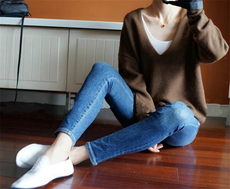 new fashion cashmere knit women casual sweater pullover big V-neck batwing sleeve 8color S/M/L