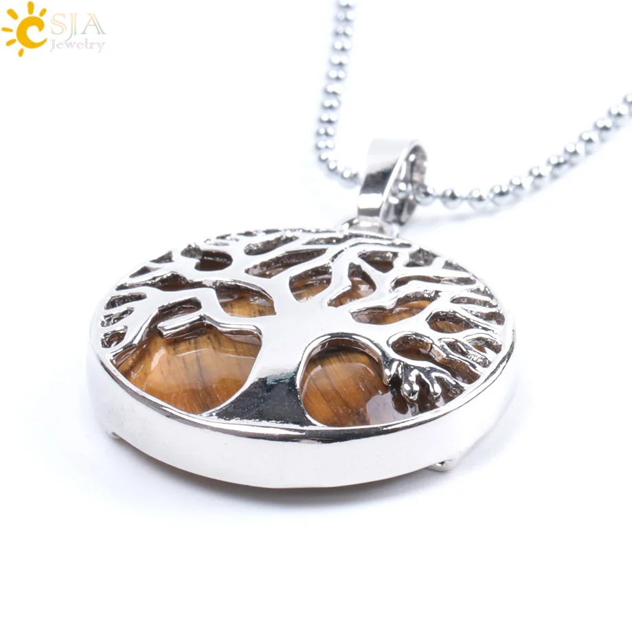 Tiger Eye Chain CSJA натуральный Круглый драгоценный камень Каббала Древо жизни Ожерелья Подвески Розовый кварц белый кристалл лазурит тигровый глаз опал F044 - Окраска металла: Tiger Eye Chain