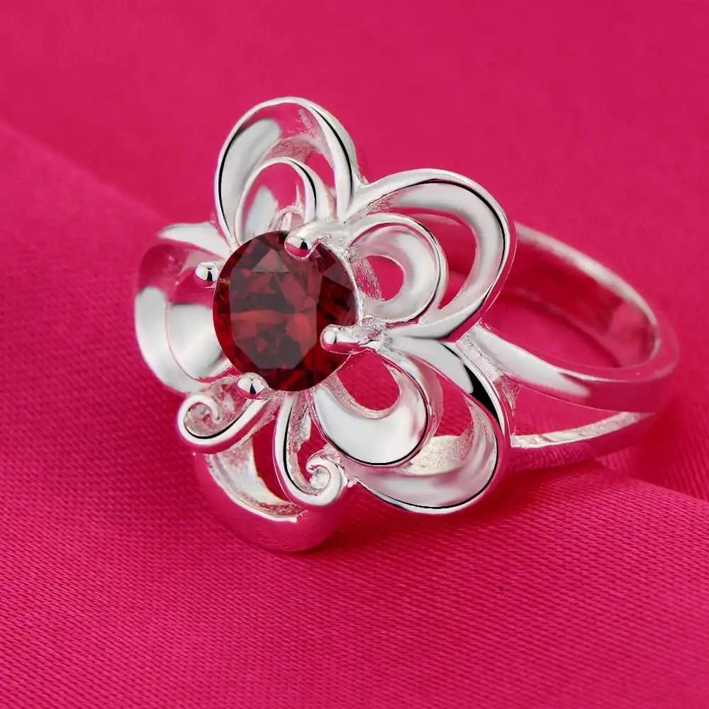 Красивое кольцо с блестящим красным цирконом посеребренное модные ювелирные
