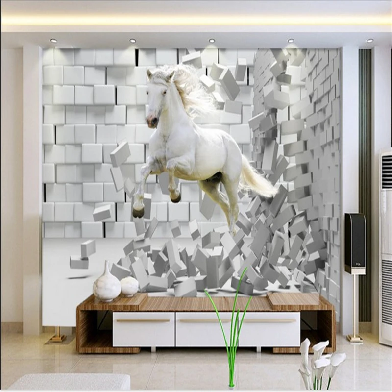 Beibehang большая настенная разбитая стена Белая лошадь 3D ТВ гостиная спальня диван