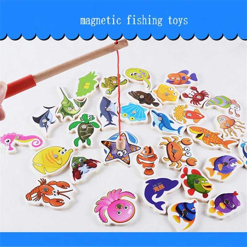 32 шт. детская деревянная Магнитная рыболовная игрушка морская биология картинка