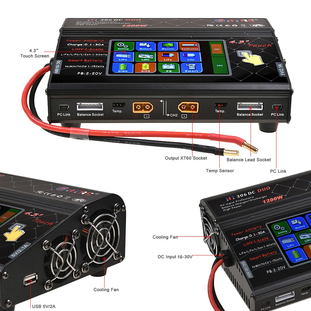 HTRC HT306 DC DUO 600 Вт * 2 30A двойной ЖК сенсорный экран балансирующее зарядное устройство