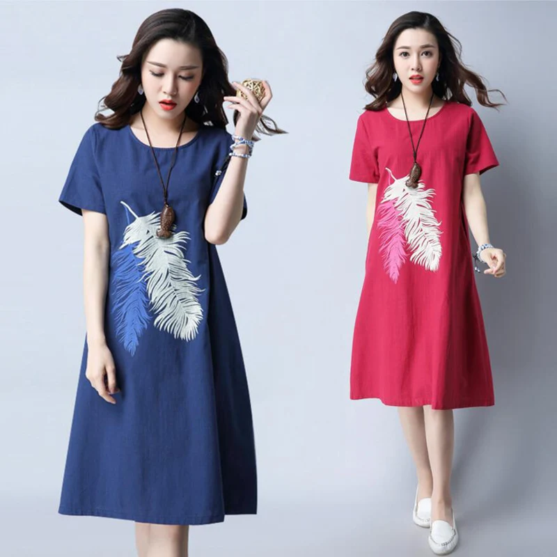 Женское платье с коротким рукавом LY907 Повседневное большого размера из хлопка и