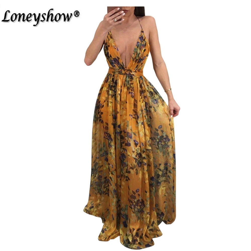 Пикантные Глубокий V шеи Boho пляжное платье макси Для женщин Летняя Шифоновая