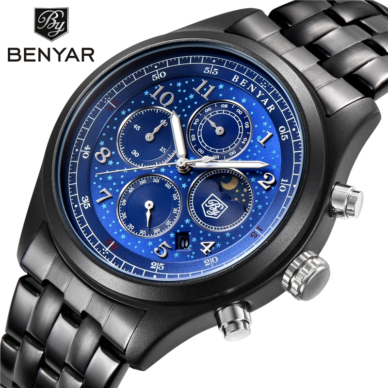 Часы BENYAR Moon Phase мужские кварцевые часы с черным циферблатом спортивные армейские