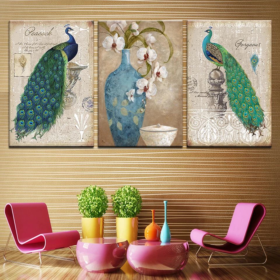 Картина на холсте павлин и цветы с вазой 3 шт. Настенная картина модульные обои