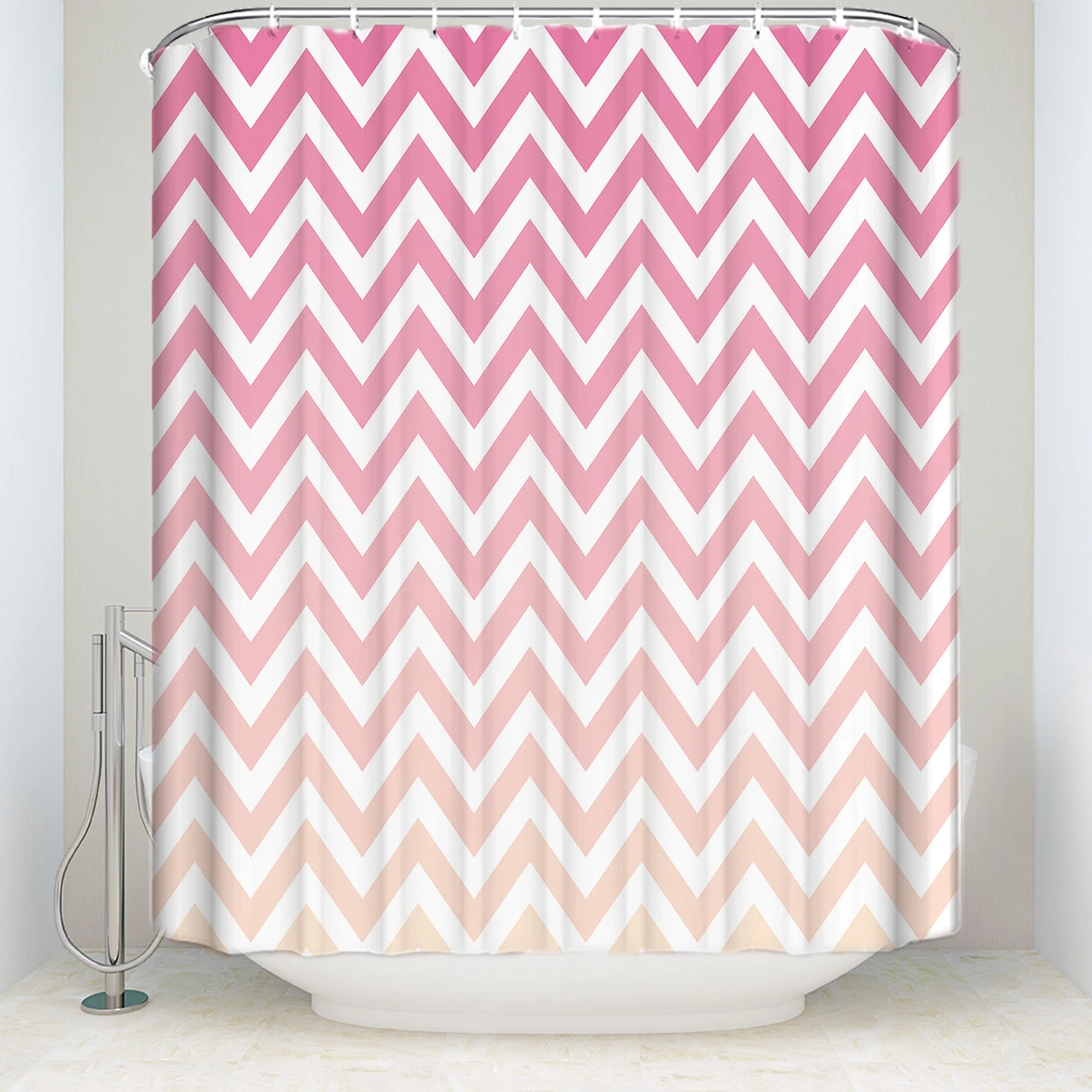 

New Arrival Waterproof Stripe Shower Curtain with Hooks Polyester Fabric Pink White Bathroom Curtains for Home Decorations