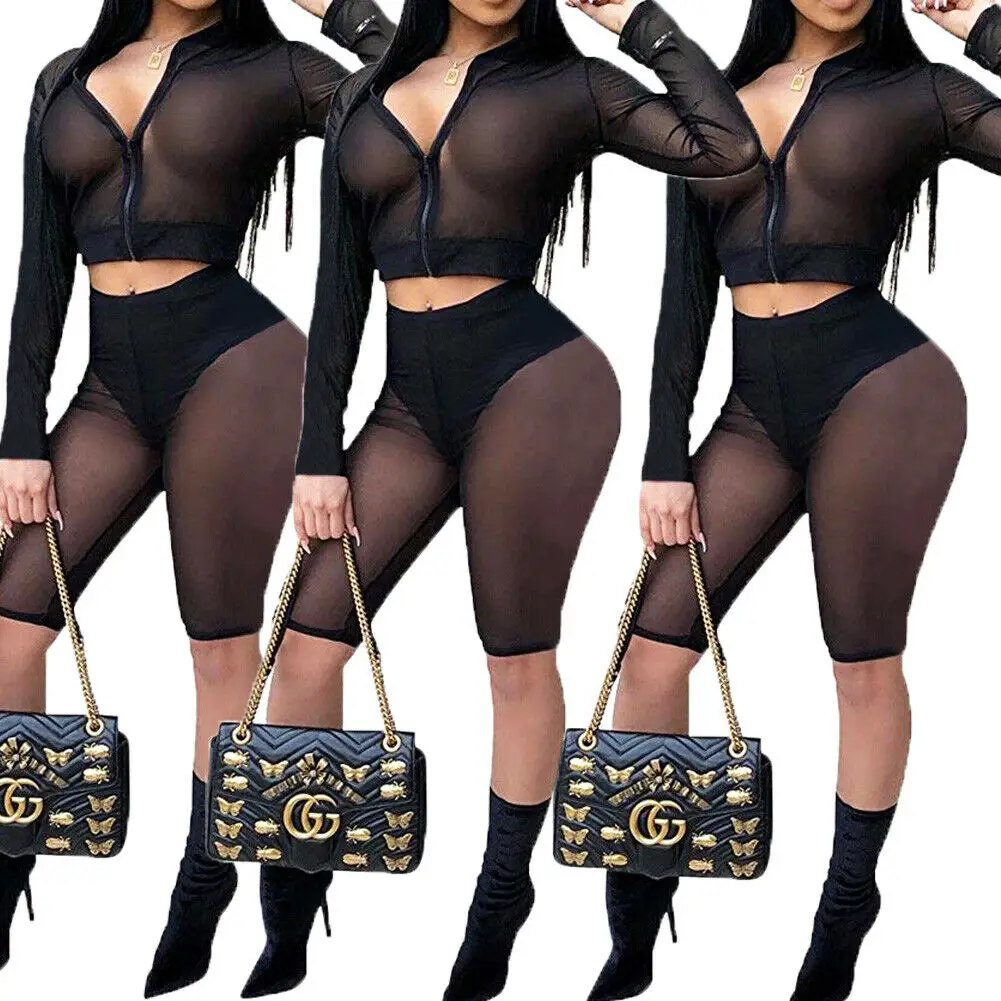 

2 Piece Women Ladies Tracksuit Stretchy Hollow Mesh See Through Zippers Solid Tank Top Skinny Pants Outfits Set