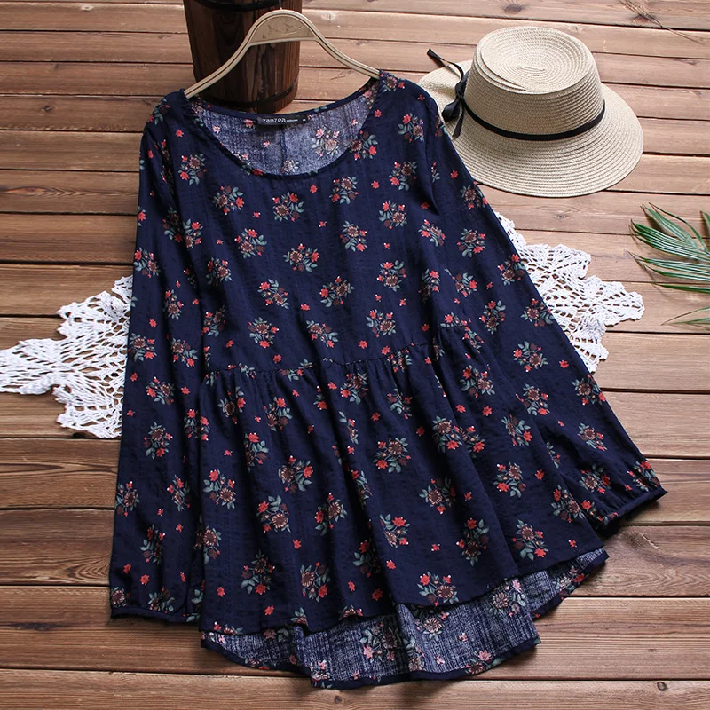 

2021 Autumn ZANZEA Women Blouse Printed Long Sleeve Shirt Irregular Hem Blusas Pleated Midi Vestidos Long Blouse Tops