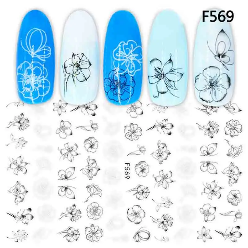 F569 1 шт 3D наклейки для ногтей, наклейки, цветы, листья, геометрические рисунки, слайдеры, искусство ногтей, тату, маникюрные украшения - Цвет: F569
