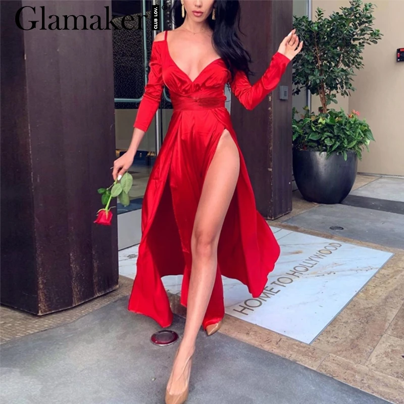 Glamaker, сексуальное сатиновое красное платье с открытыми плечами, женское летнее Элегантное макси платье с v-образным вырезом, вечерние платья с высоким разрезом, облегающее платье с длинным рукавом