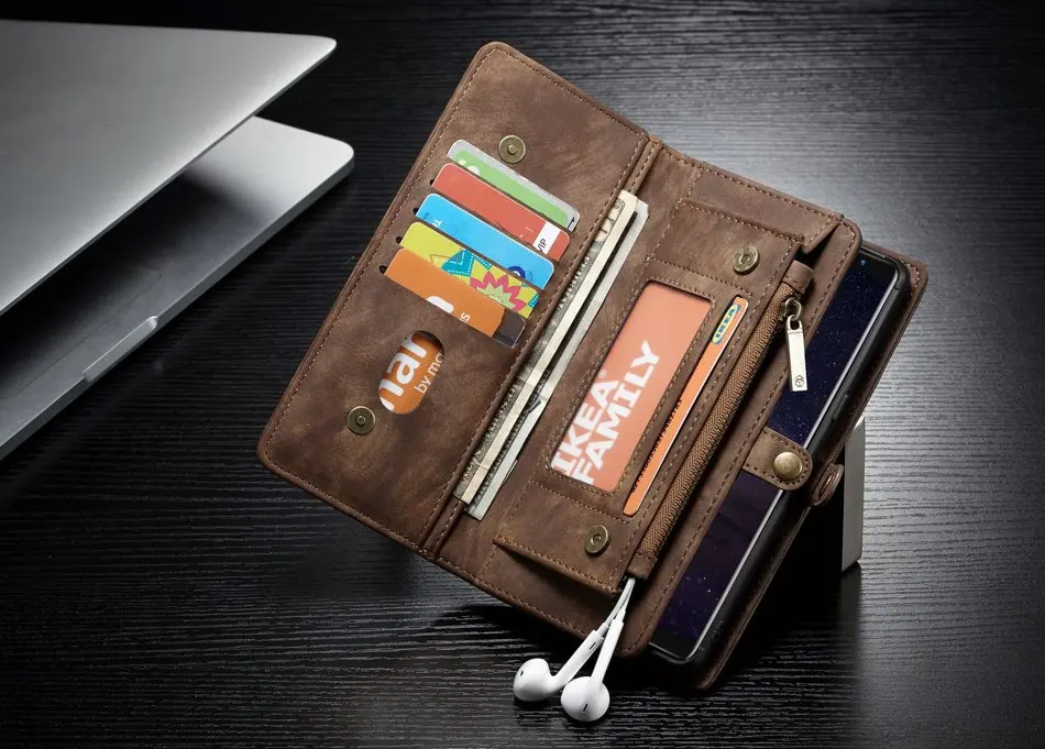 14 Slots Zipper Wallet with Removable Back Cover Leather Case for Samsung Galaxy Note 8 9 10 Plus Hand Sewing Purse | Мобильные