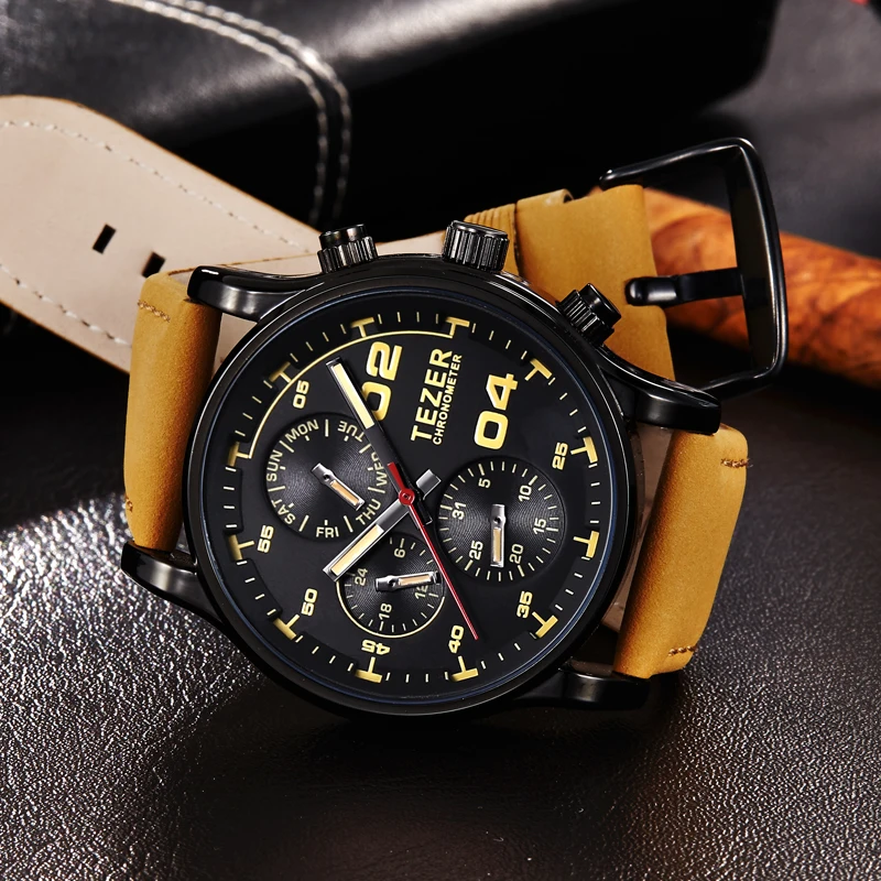 Лучший бренд класса люкс мужские часы TEZER натуральная кожа многофункциональный