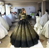 bling bling gold black puffy sequined prom dresses high collar full sleeves muslim long prom gowns luxury abiye party dresses