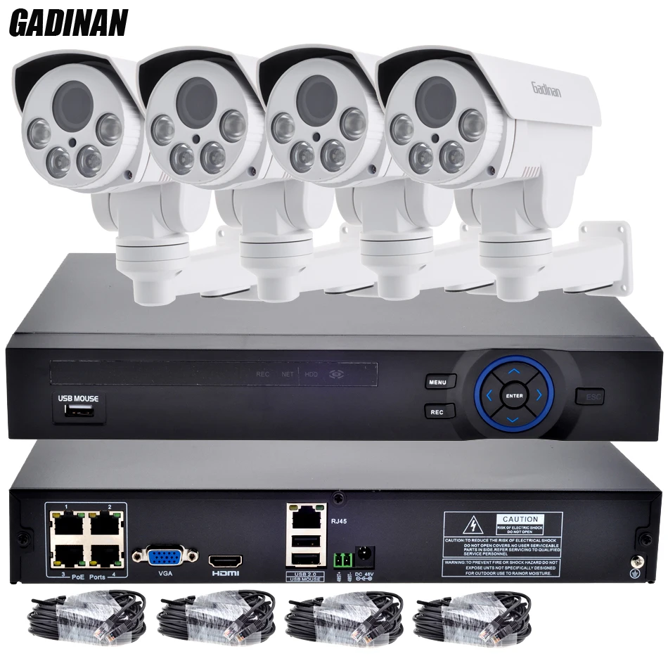 GADINAN 4CH 48 В POE NVR комплект с 4 шт. 960 P PTZ 4X моторизованный 2 8 12 мм авто зум объектив IP