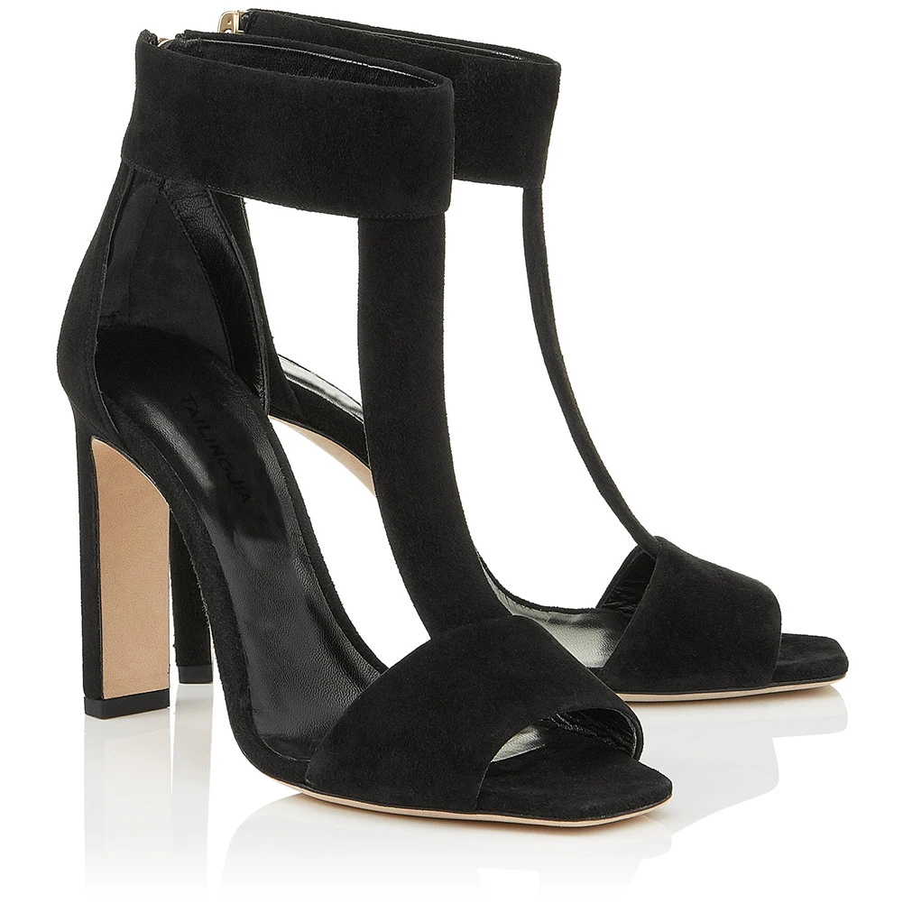 

Women Elegant Square Toe High Heel T-strap Sandals Nude Peep Toe Chunky Heels Black Faux Suede Dress Shoes Ladies Summer Shoes