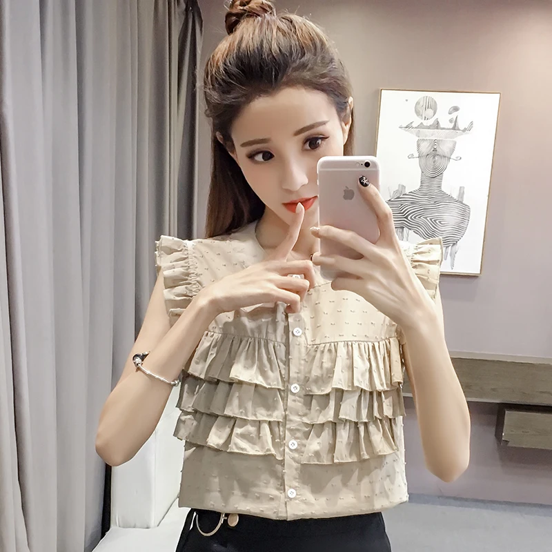 Летняя блузка без рукавов с оборками и воротником-стойкой Маленькая прозрачная