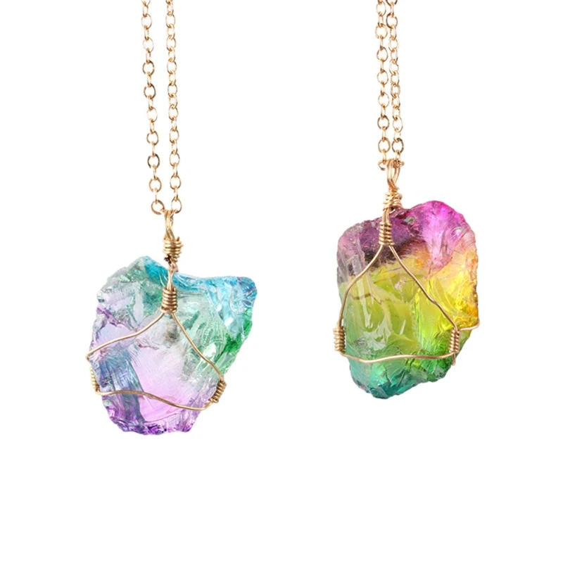 Colorful Striped Fluorite Quartz Crystal Stone Crystal Natural Fluorite Stone Pendants Necklace Hanging Decor Home Decoration