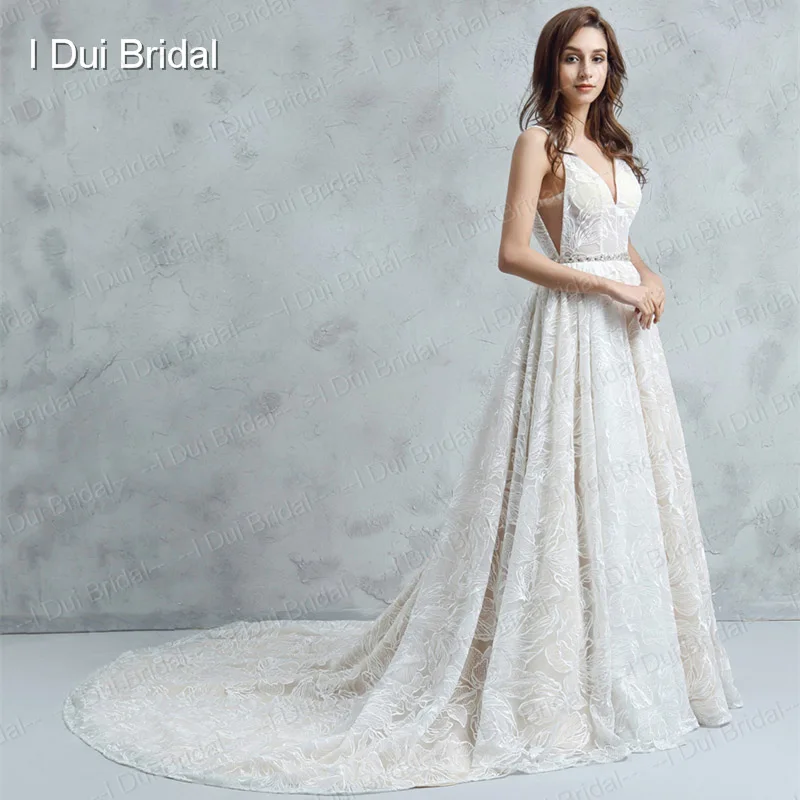V Neck A line Wedding Dress Solid Lining Crystal Belt Low Back Unique Lace Bridal Gown