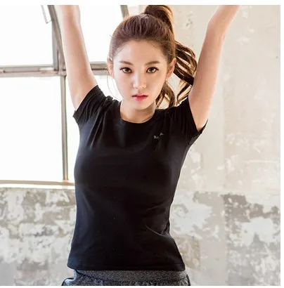 

Yoga Quick Dry Sportswear Running Women Elastic Gym Clothes Solid Black Patchwork Short T-shirt