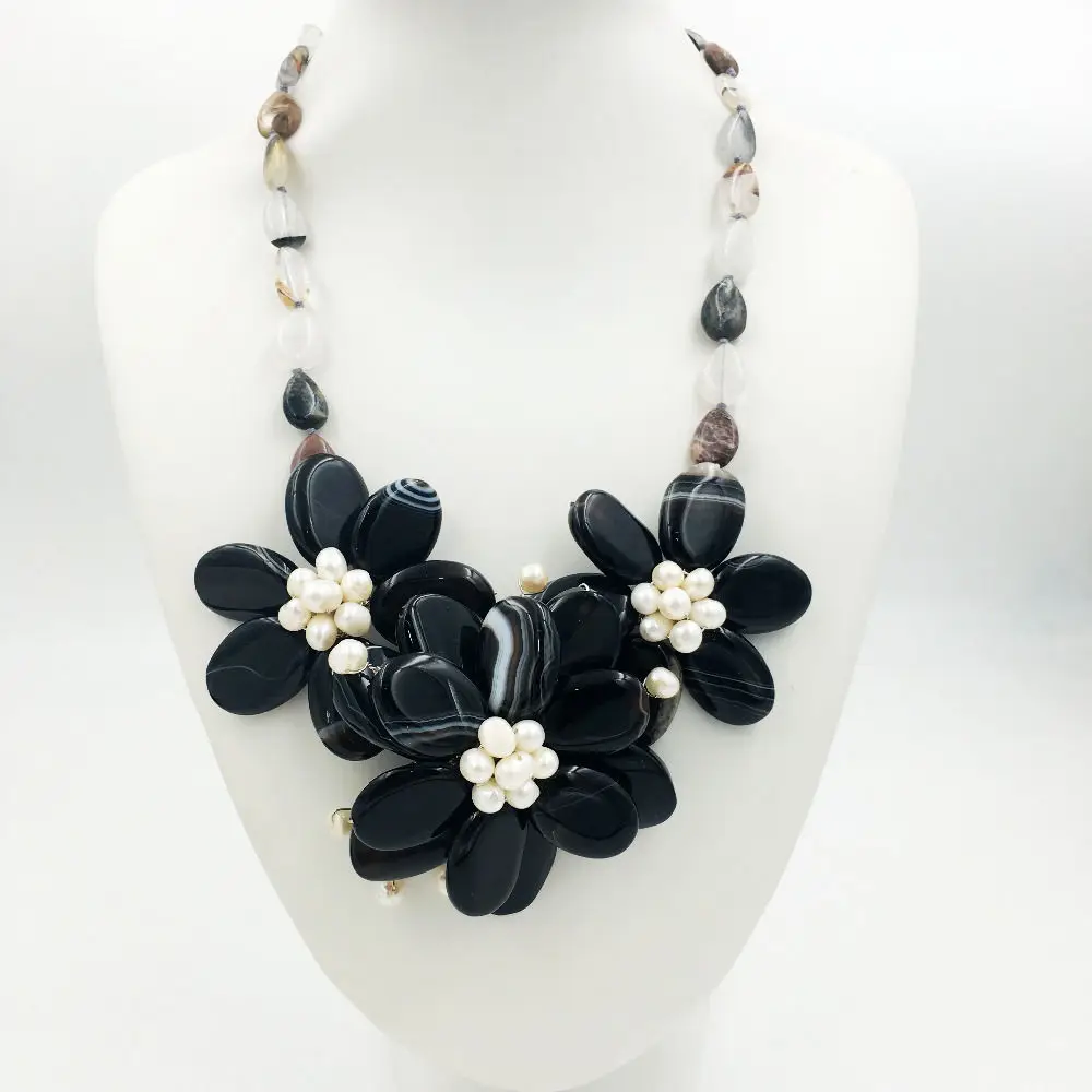 

2019 Natural Stone Onyxs,Quartz,Freshwater Pearl Handmade Flower Statement Necklace 20 inches