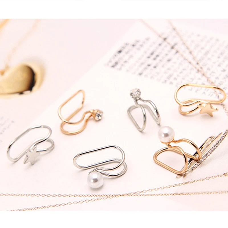 1PC Korean Fashion Creative Pearl Rhinestone Pentagram Star Ear Clips U-shaped Clip Earrings For Women Jewelry Wholesale | Украшения и