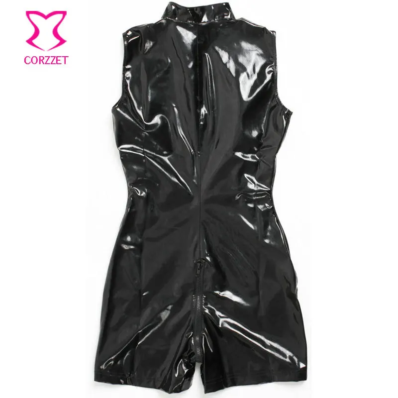 Эротический черный спандексный костюм для женщин женский комбинезон с молнией