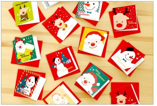 

100pcs Cartoon Snowman Santa Claus Christmas Greeting Card with Envelop Merry Christmas Postcard New Year 2022 Gift Card